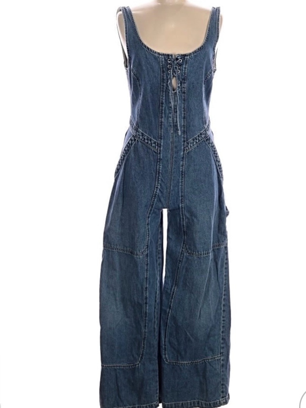 Free People Amina Blue Denim Lace-Up Wide-Leg Overalls